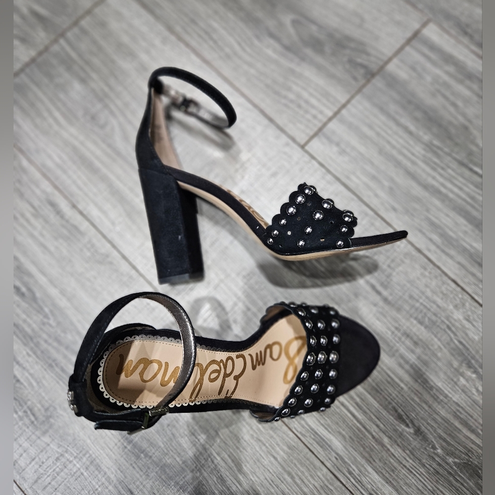 Sam Edelman Yaria Black Suede Leather Shoes Women's Ankle Strap Studded Heels 7